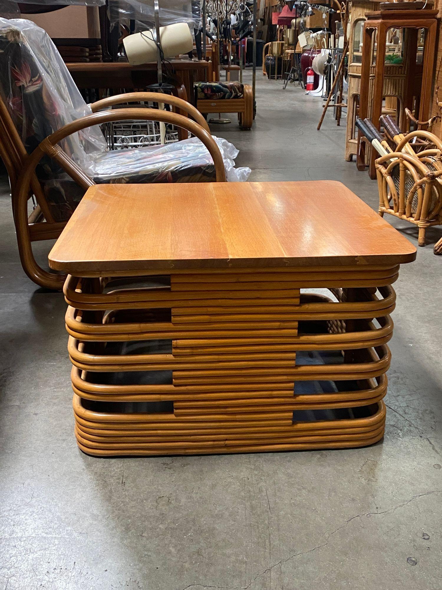 Mid-20th Century Restored Tall Stacked Rattan Coffee Table with Mahogany Top For Sale