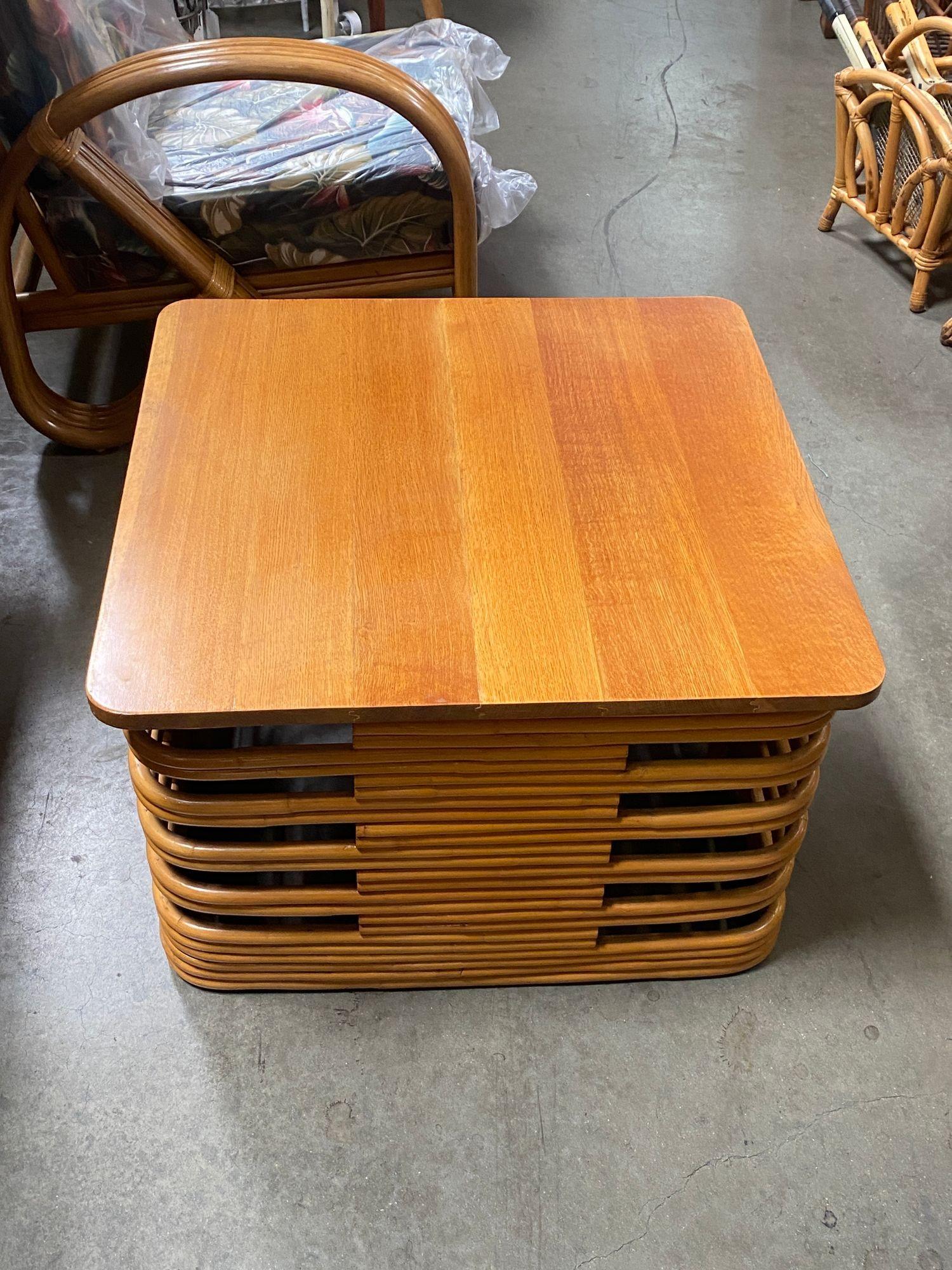 Restored Tall Stacked Rattan Coffee Table with Mahogany Top For Sale 1