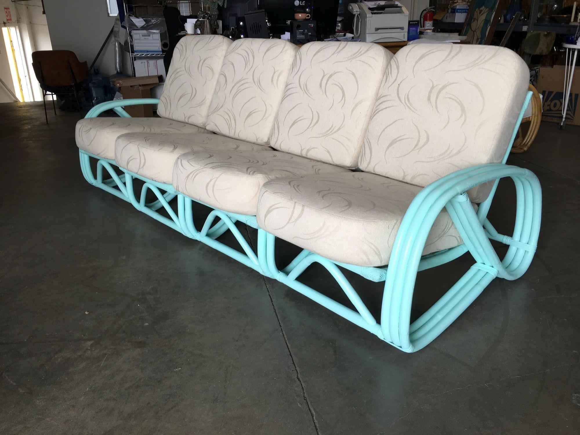 Restored Teal 3/4 Reverse Pretzel 4-Seater Rattan Sectional Sofa In Excellent Condition In Van Nuys, CA