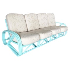 Restored Teal 3/4 Reverse Pretzel 4-Seater Rattan Sectional Sofa