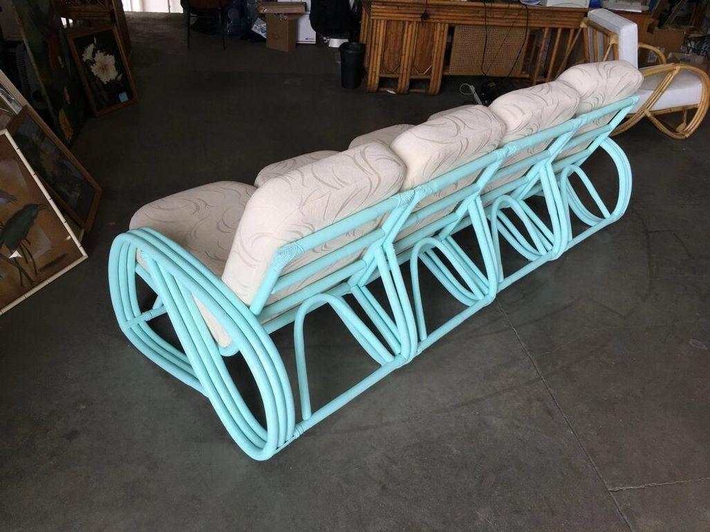 Mid-20th Century Restored Teal 3/4 Pretzel Rattan 4-Seater Sectional Sofa For Sale