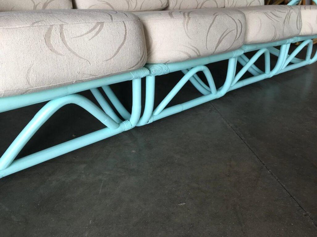 Restored Teal 3/4 Pretzel Rattan 4-Seater Sectional Sofa For Sale 3