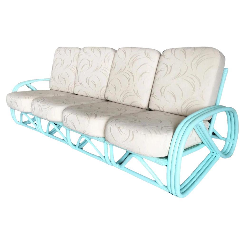 Restauriertes Teal 3/4 Pretzel Rattan 4-Sitzer Sektionssofa