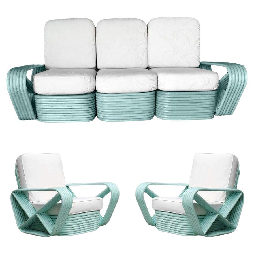 Canapé et chaise longue en rotin 6 brins Carré Pretzel restauré Teal Livingroom Se