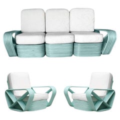 Restaurierte Teal 6-Strand Quadrat Brezel Rattan Sofa & Lounge Chair Wohnzimmer Se