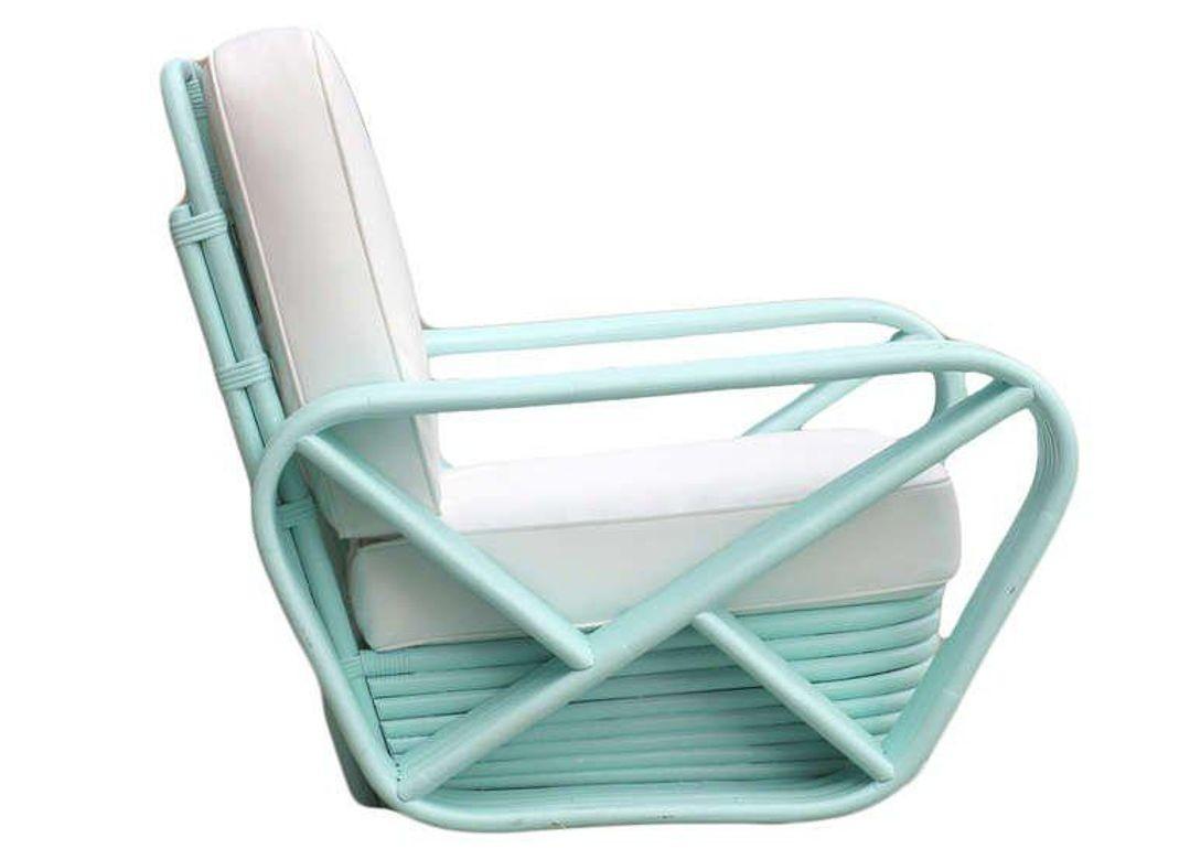 American Restored pair Teal Square Pretzel Stacked Rattan Lounge Chairs in Style of Frank For Sale