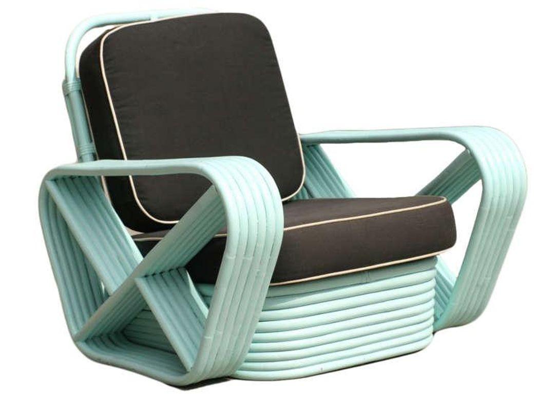 Restored pair Teal Square Pretzel Stacked Rattan Lounge Chairs in Style of Frank For Sale 1