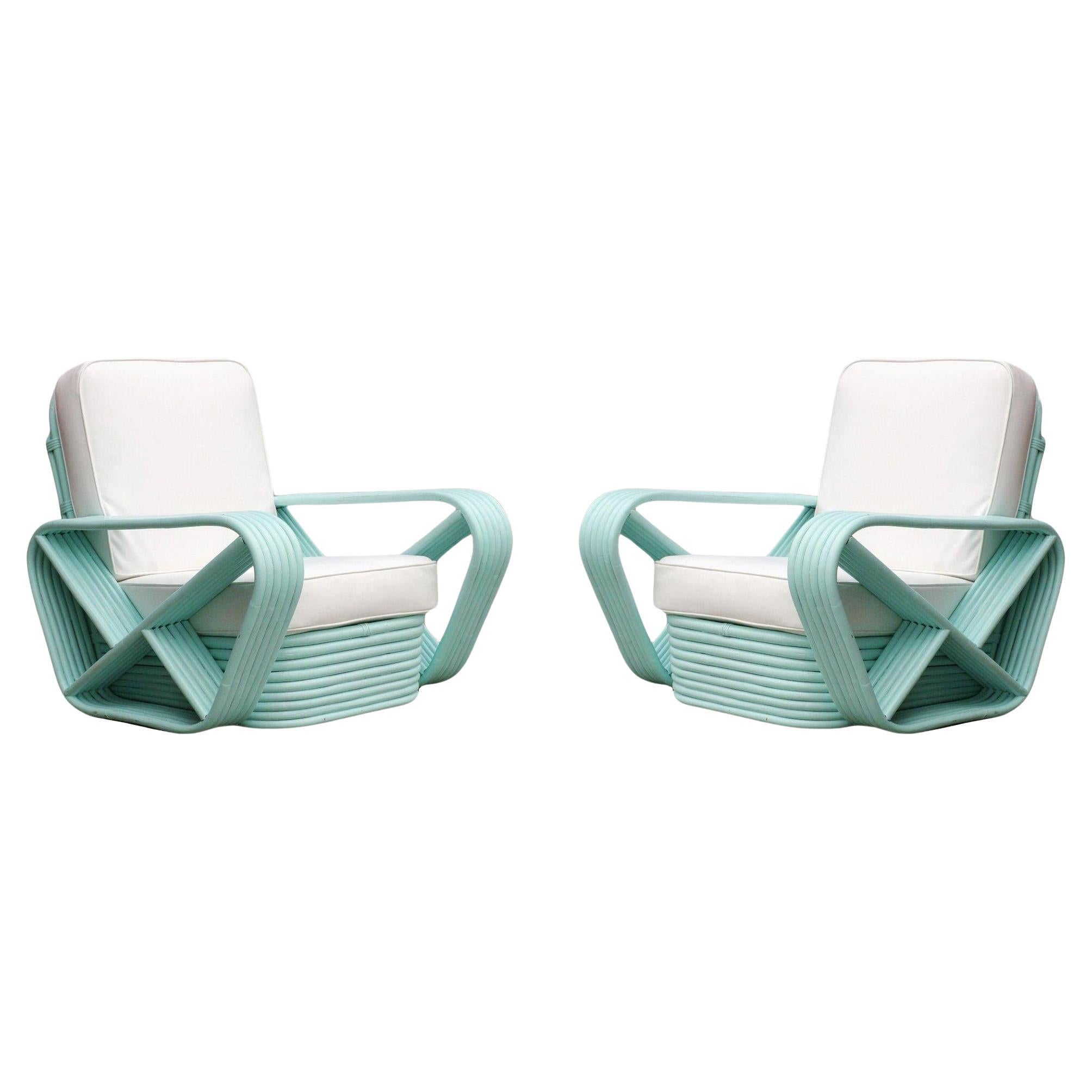 Restored pair Teal Square Pretzel Stacked Rattan Lounge Chairs in Style of Frank