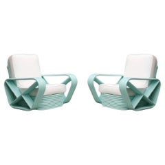 Used Restored pair Teal Square Pretzel Stacked Rattan Lounge Chairs in Style of Frank