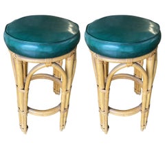 Restored Three Stand Arched Rattan Bar Stool with Dark Green Seat