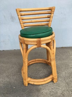 Restored Three-Stand Rattan Vanity Stool with Five-Strand Back
