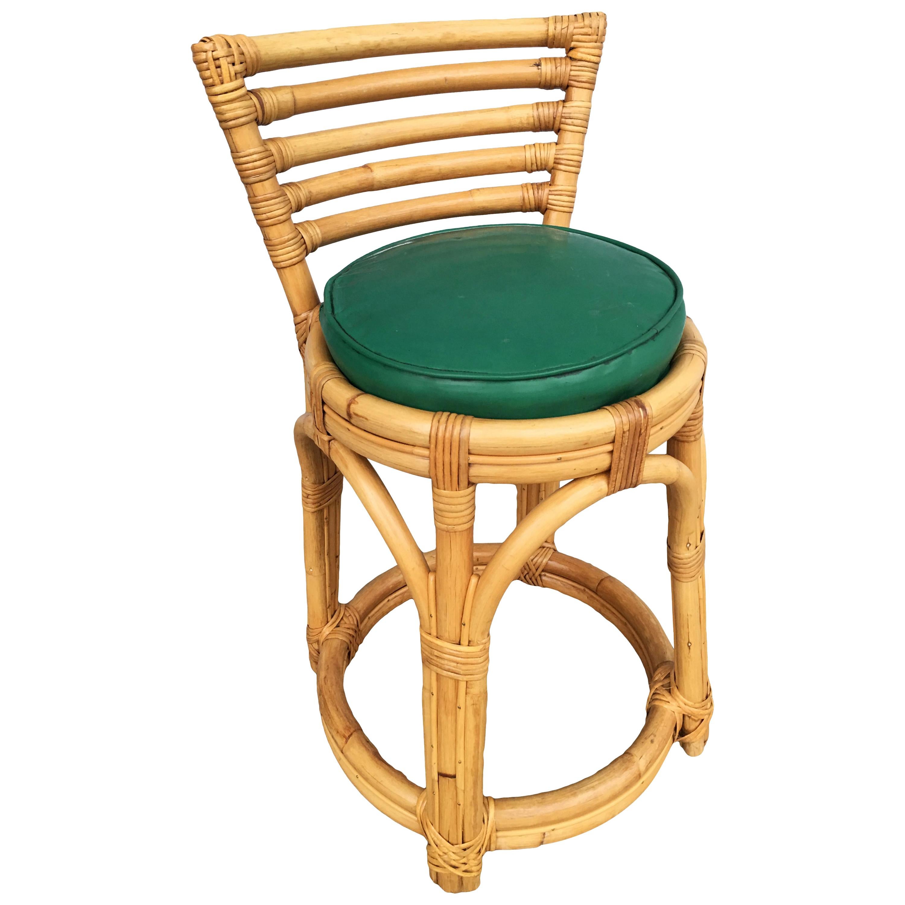 Restored Three-Stand Rattan Vanity Stool with Five-Strand Back