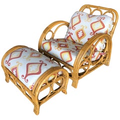 Restored Three-Strand "Circles and Speed" Rattan Lounge Chair w/ Ottoman, Chaise