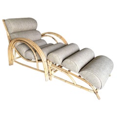 Chaise Lounge in rattan a tre fili "a doppio anello" restaurata del 1938 con ottomana
