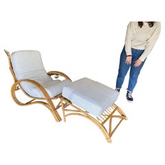 Restored Three-Strand "Grasshopper" Rattan Lounge Chair and Ottoman Set