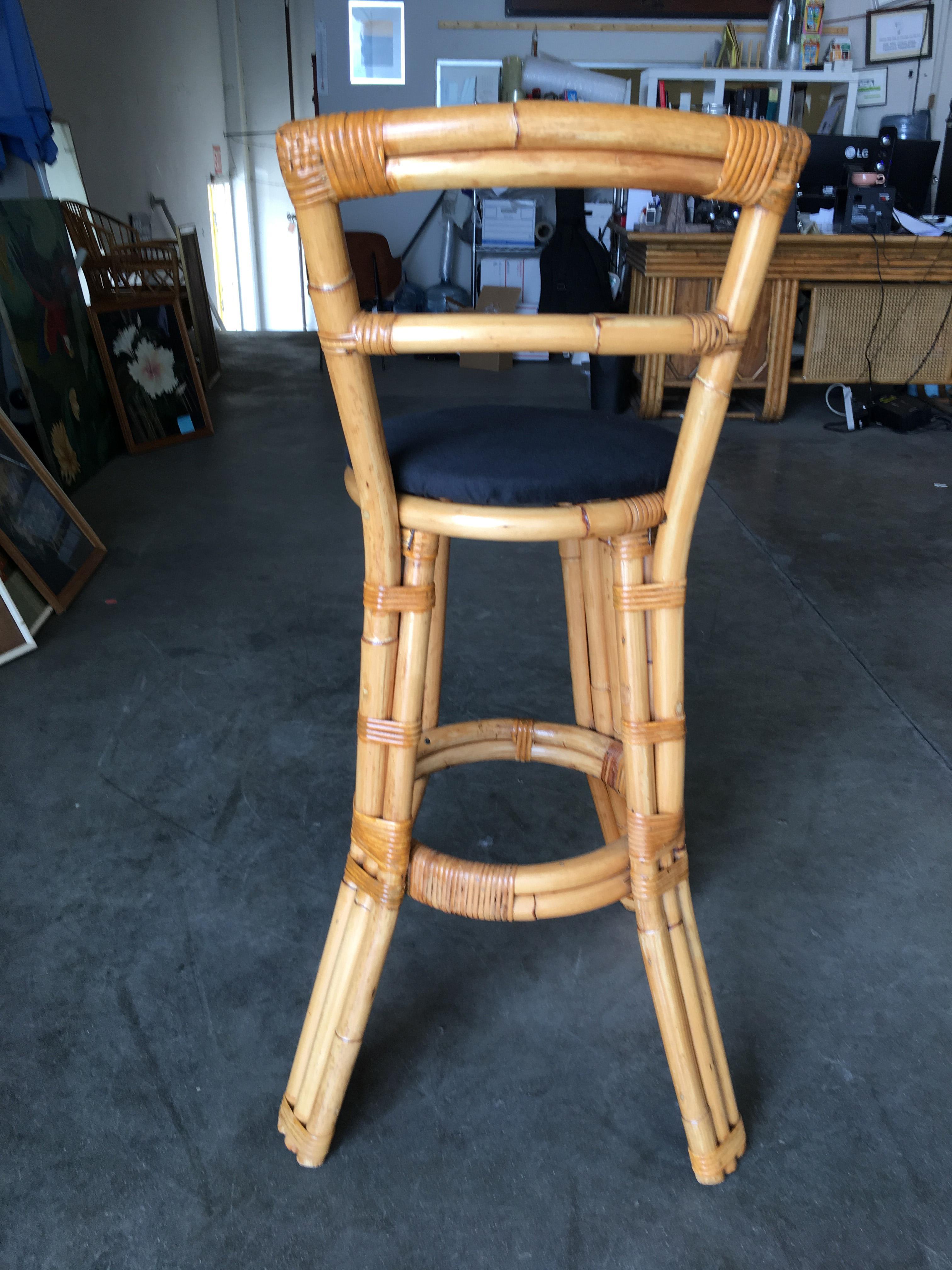 American Restored Three Strand Rattan Bar Stool with Pole Rattan Back, Pair