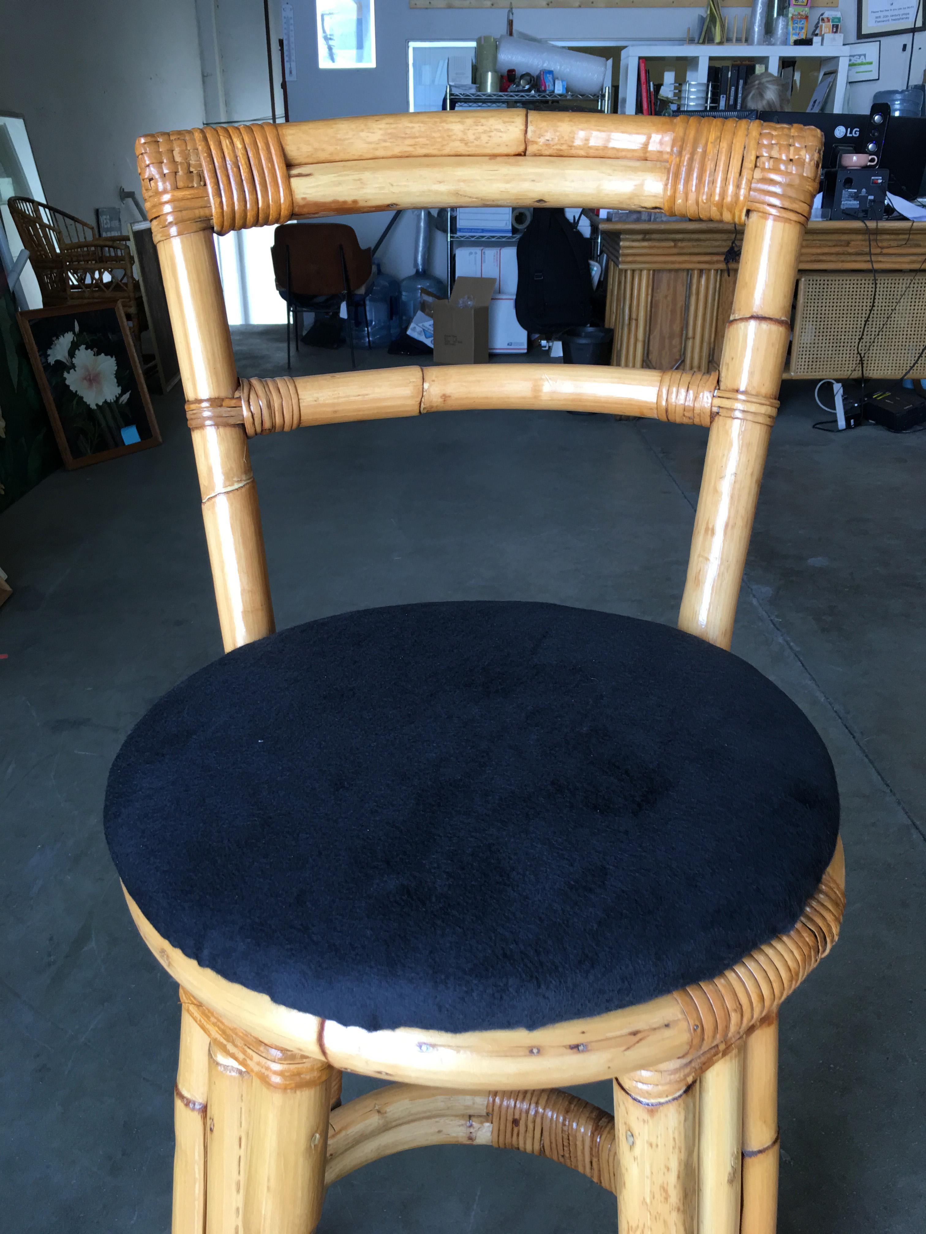 Restored Three Strand Rattan Bar Stool with Pole Rattan Back, Pair In Excellent Condition In Van Nuys, CA