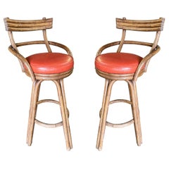 Vintage Restored Three Strand Pair of Rattan Bar Stool with Arch Armrests and Legs