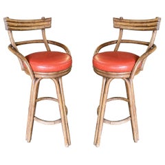 Restored Three Strand Pair of Rattan Bar Stool with Arch Armrests and Legs