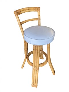Restored Three Strand Rattan Bar Stool with Pole Rattan Back, Pair