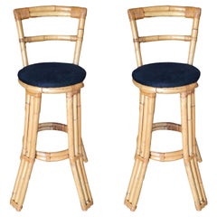 Restored Three Strand Rattan Bar Stool with Pole Rattan Back, Pair
