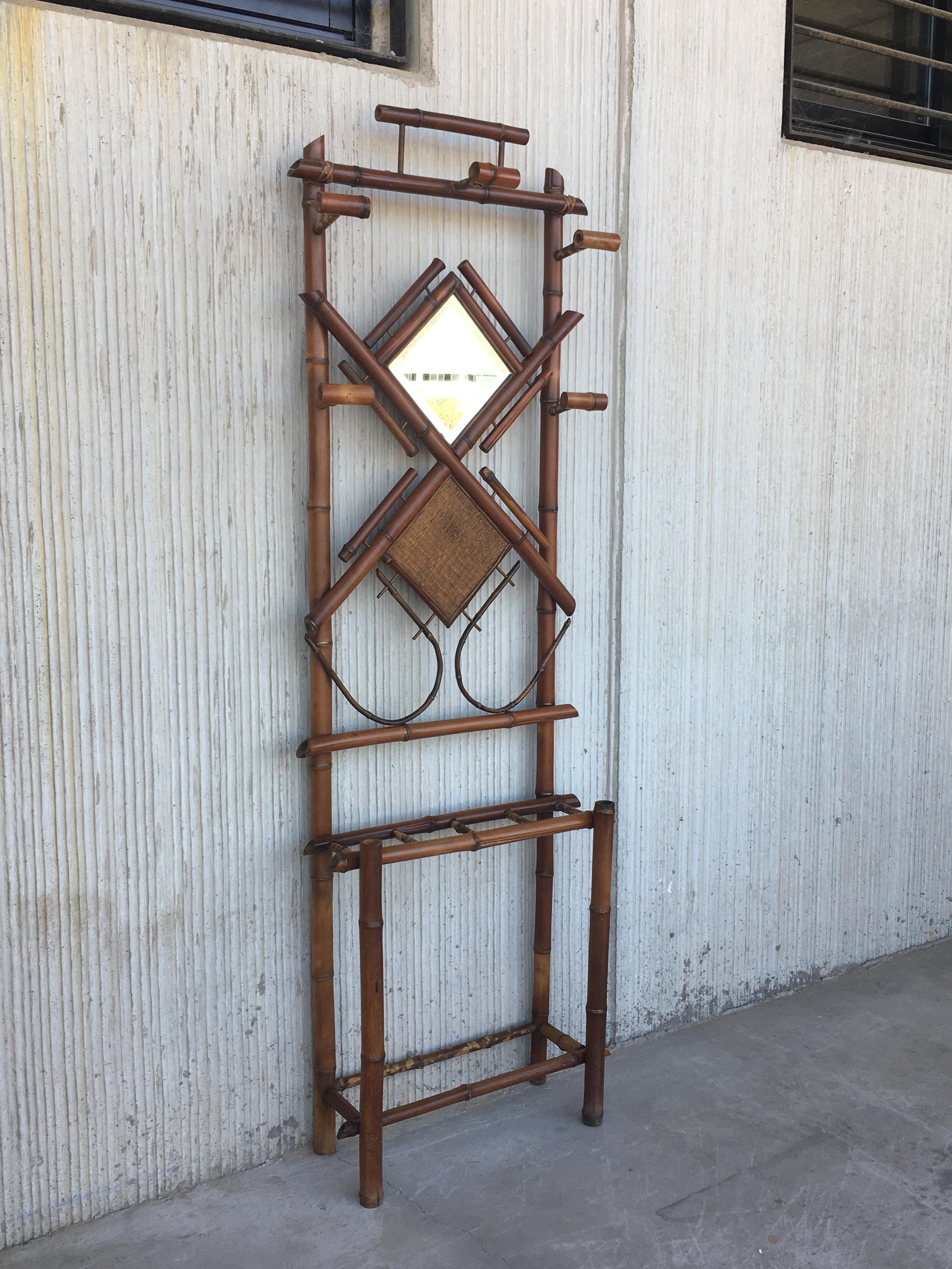 French Restored Tiger Bamboo Coat Rack Hall Tree with Mirror, Aesthetic Movement