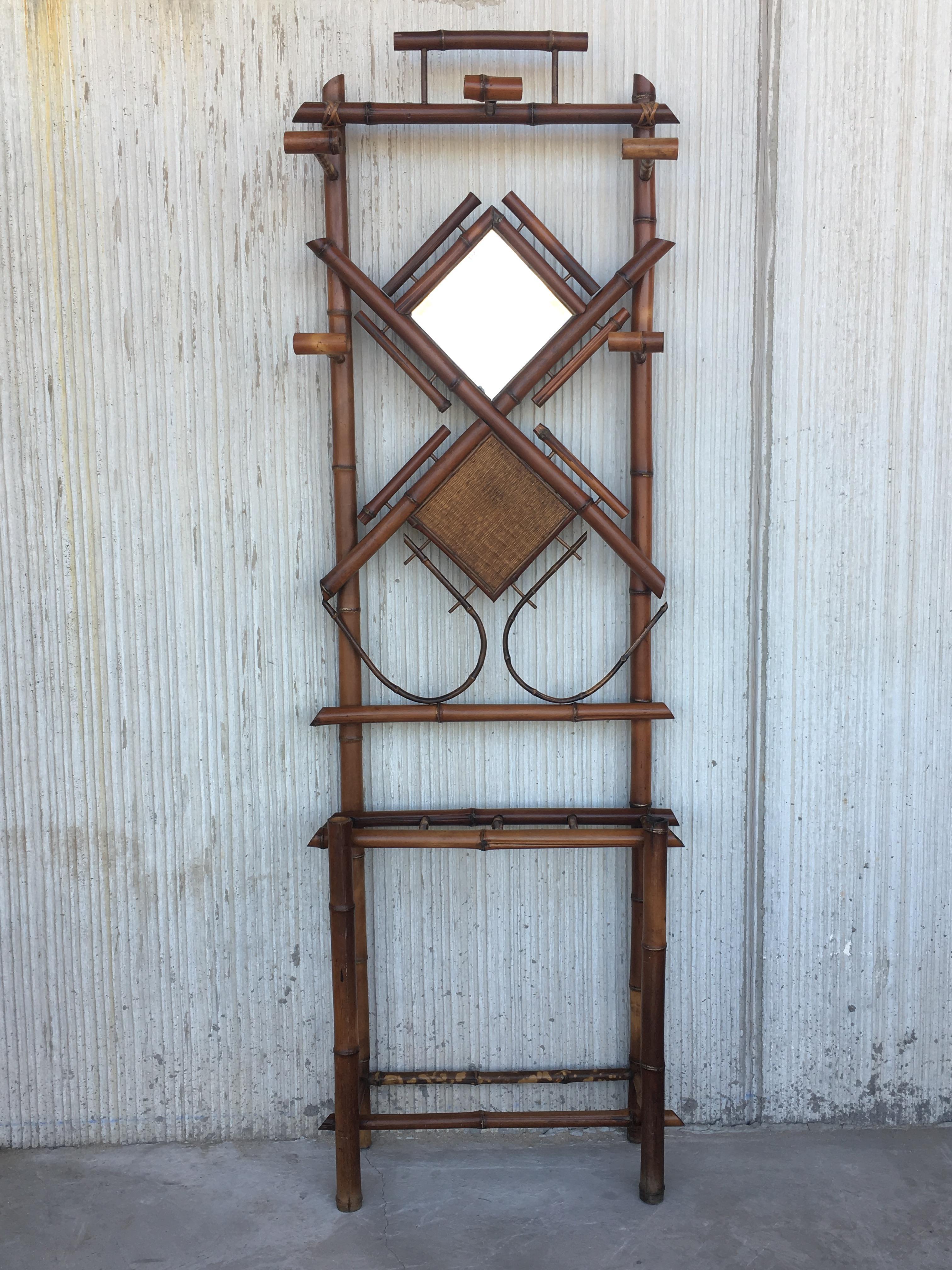 Restored Tiger Bamboo Coat Rack Hall Tree with Mirror, Aesthetic Movement In Excellent Condition In Miami, FL