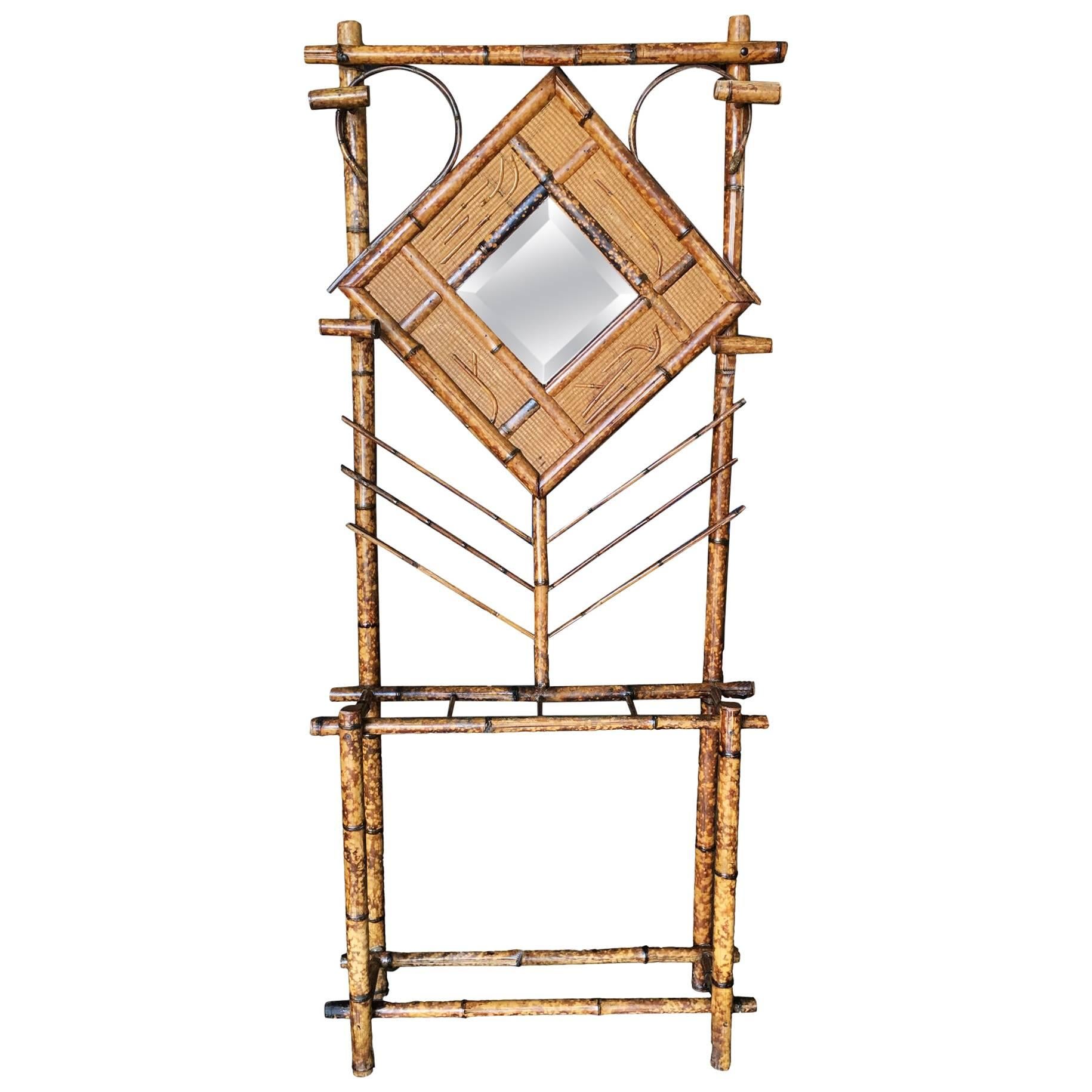 Restored Tiger Bamboo Coat Rack Hall Tree with Mirror, Aesthetic Movement