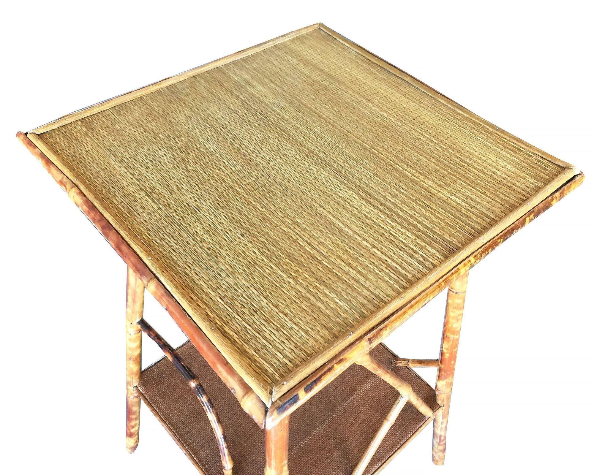 Mid-20th Century Restored Tiger Bamboo Tortoise Pedestal Side Table W/ Organic Formed Accents For Sale