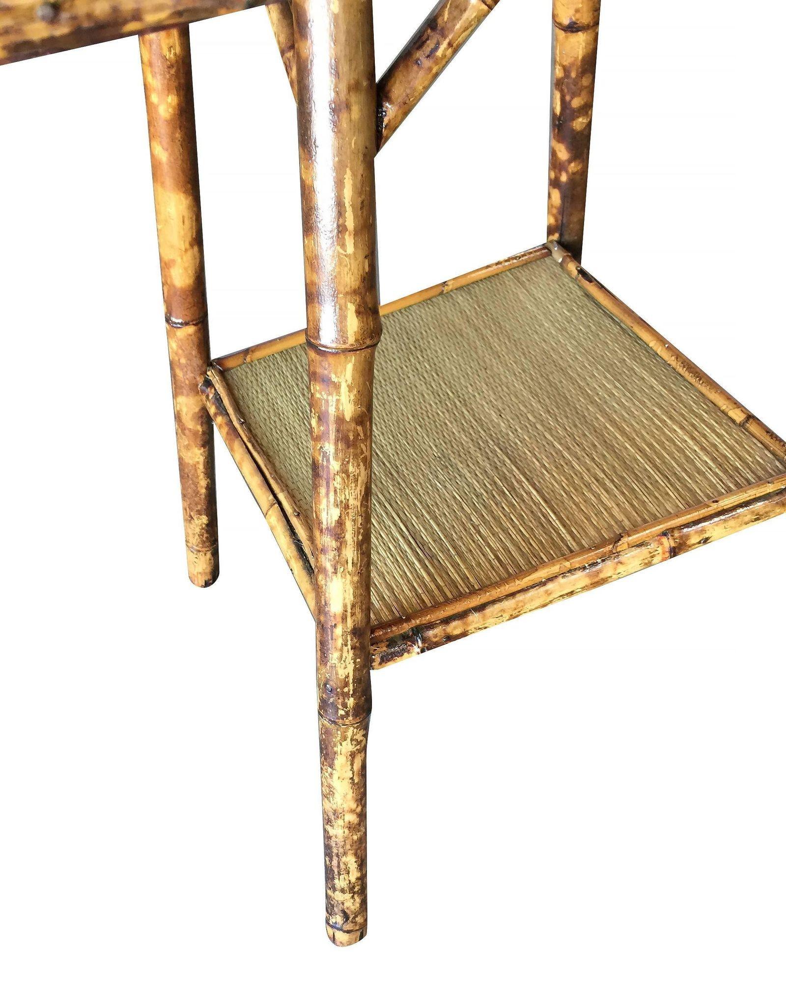 American Restored Tiger Bamboo Pedestal Side Table with Large Top For Sale