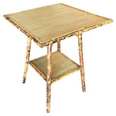Used Restored Tiger Bamboo Pedestal Side Table with Large Top