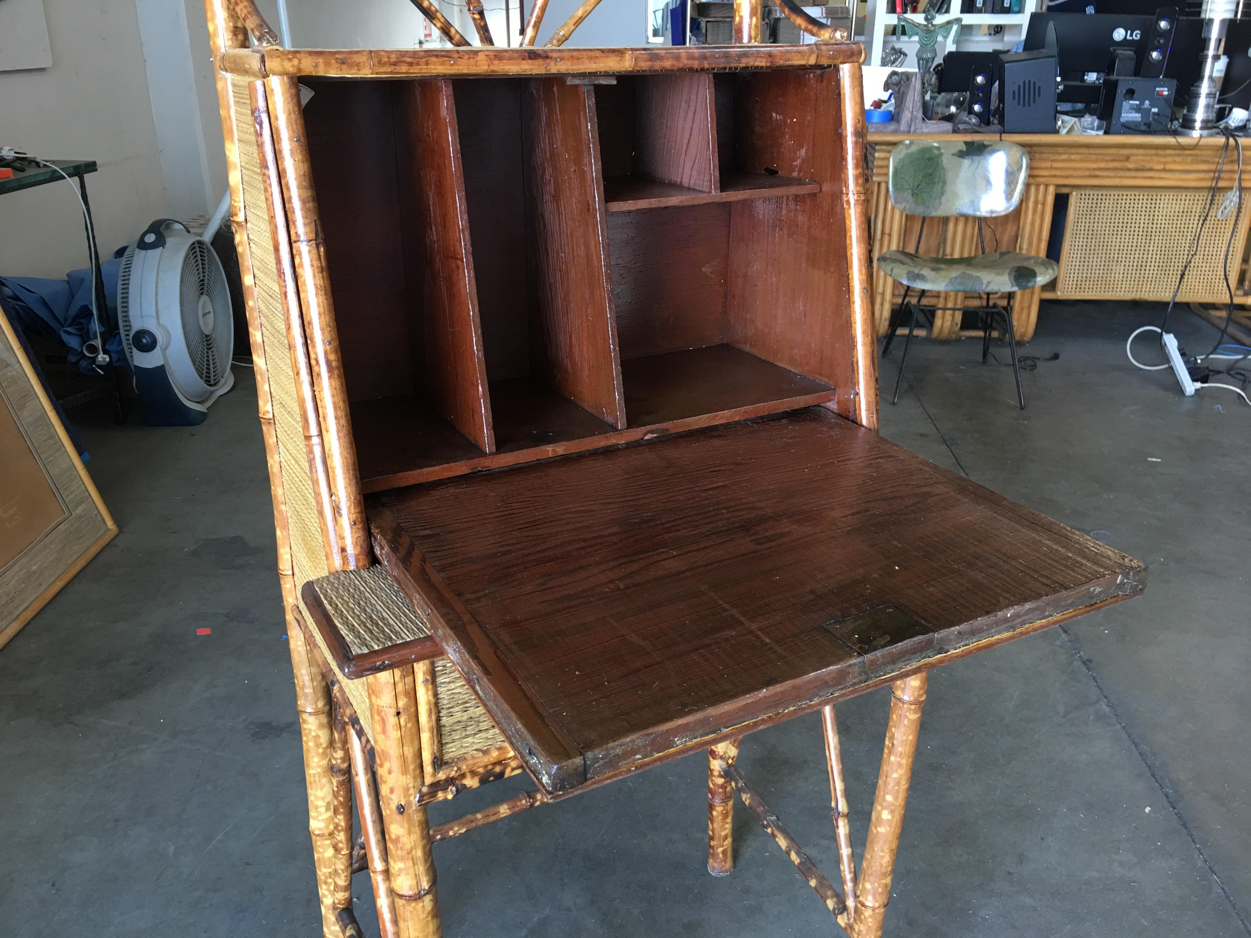 Restored Tiger Bamboo Secretary Desk, Aesthetic Movement In Excellent Condition In Van Nuys, CA