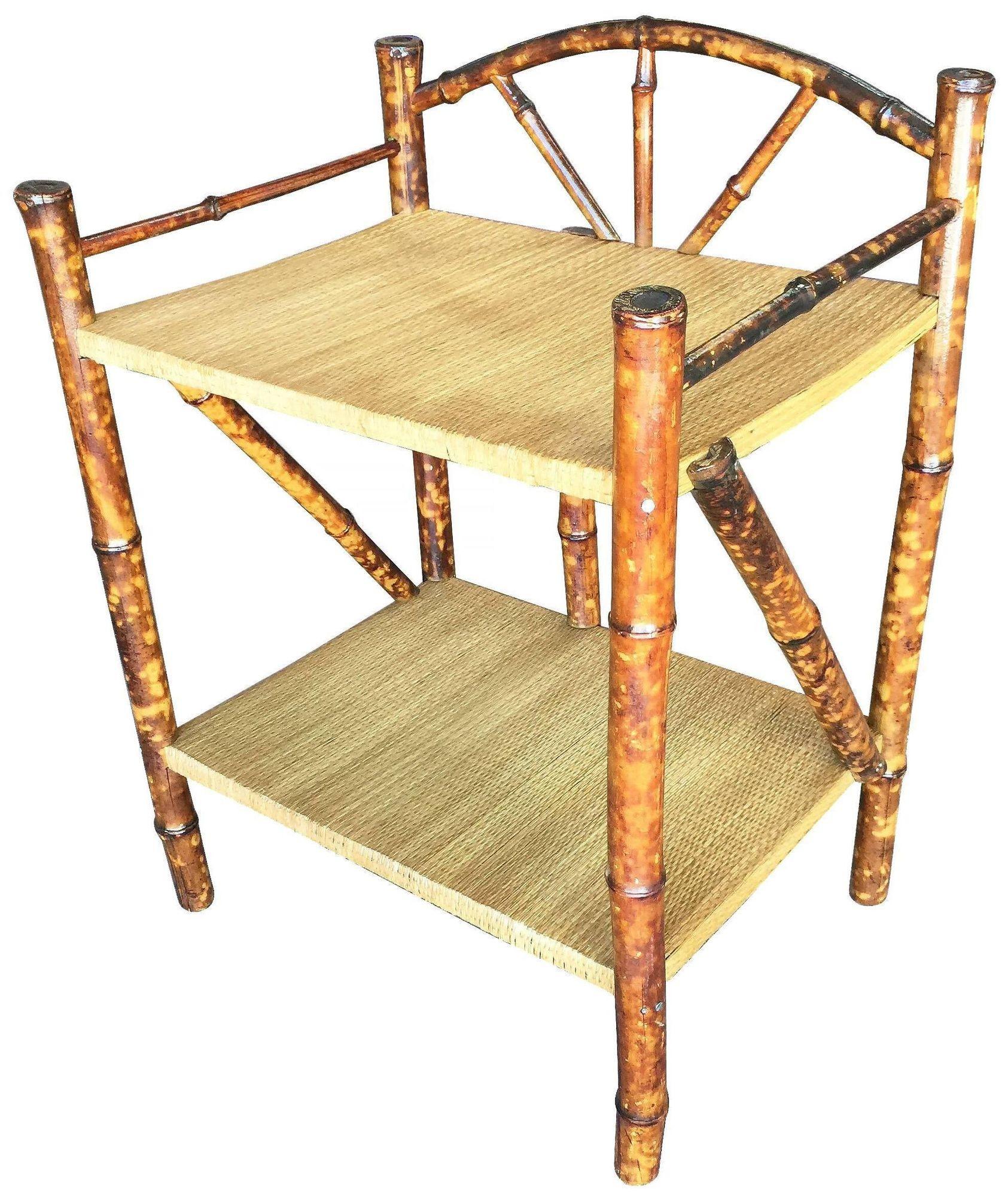Restored Tiger Bamboo Two-Tier Short Shelf with Bottom Shelf In Excellent Condition For Sale In Van Nuys, CA
