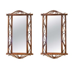 Restored Tiger Bamboo Wall Mirror w/ Wicker Wrappings, Pair
