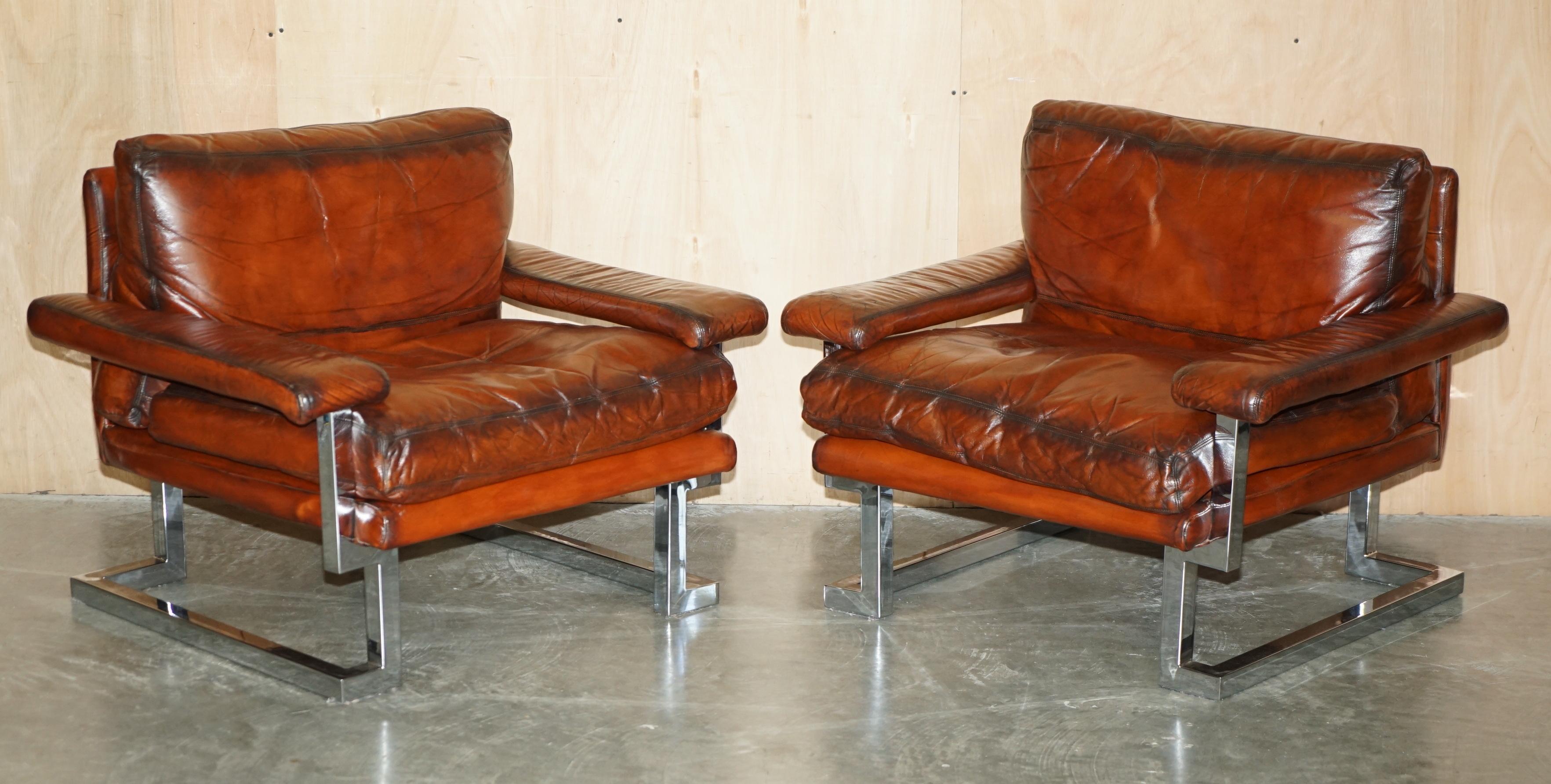 RESTORED TIM BATES PIEFF MANDARIN LEATHER CHROME & HARDWOOD SOFA ARMCHAiR SUITE For Sale 3