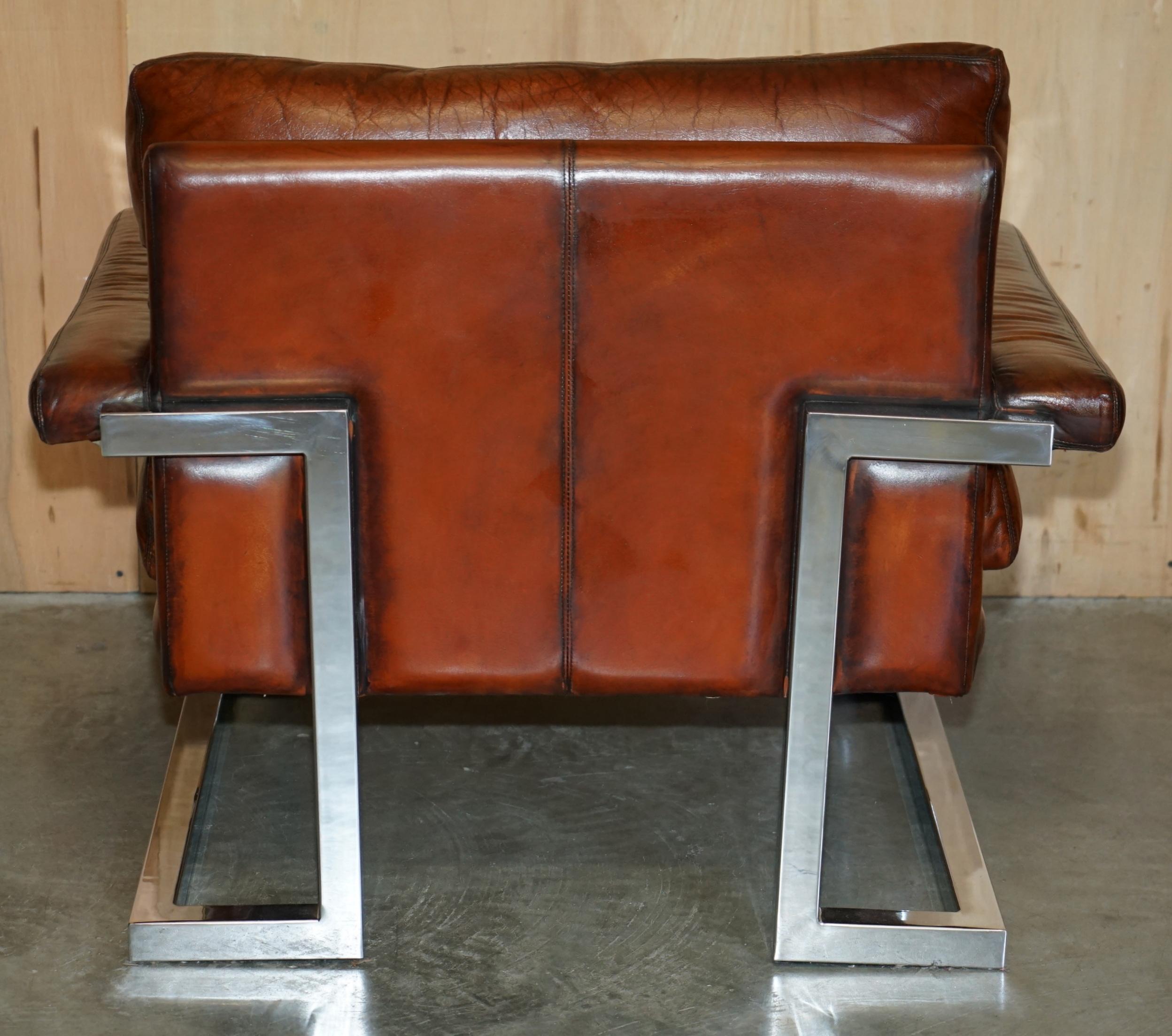 RESTORED TIM BATES PIEFF MANDARIN LEATHER CHROME & HARDWOOD SOFA ARMCHAiR SUITE For Sale 8