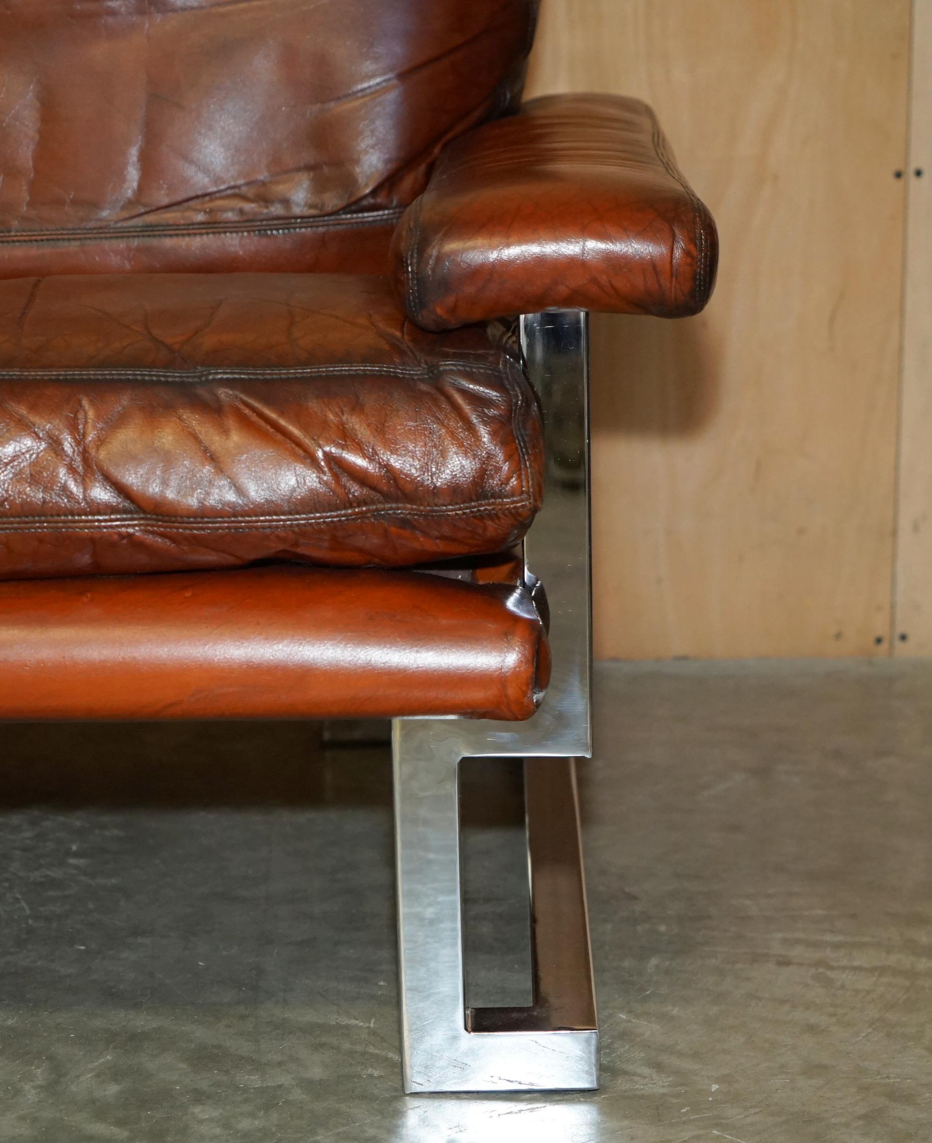RESTORED TIM BATES PIEFF MANDARIN LEATHER CHROME & HARDWOOD SOFA ARMCHAiR SUITE In Good Condition For Sale In West Sussex, Pulborough