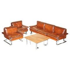 RESTORED TIM BATES PIEFF MANDARIN LEATHER CHROME & HARDWOOD SOFA ARMCHAiR SUITE