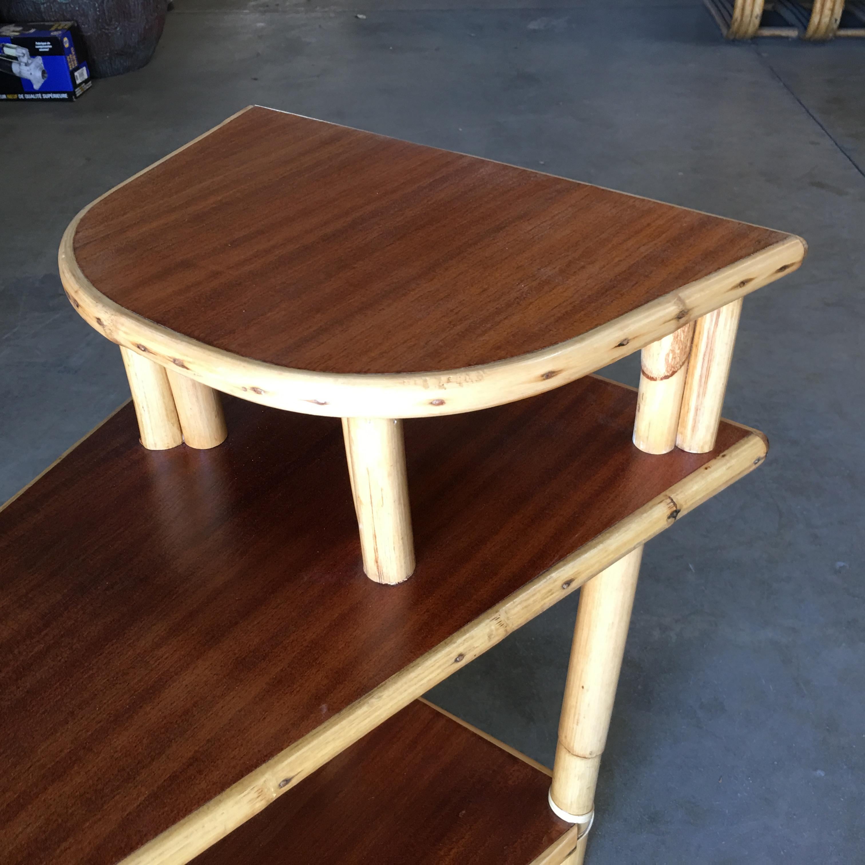 Restored Triangle Rattan Wedge Table with Two-Tier Mahogany Tops 3