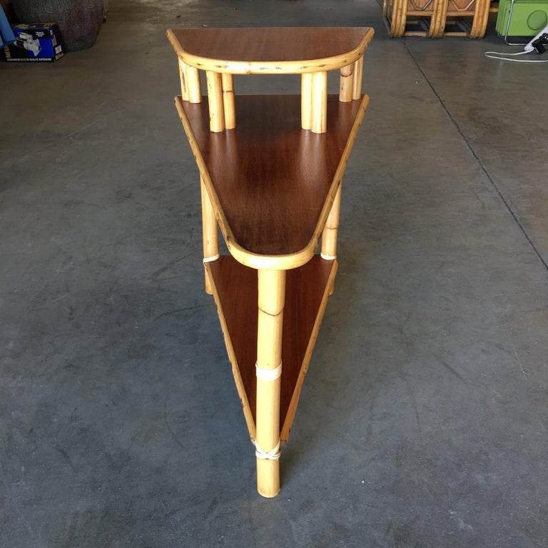 Restored Triangle Rattan Wedge Table with TwoTier Mahogany Tops For