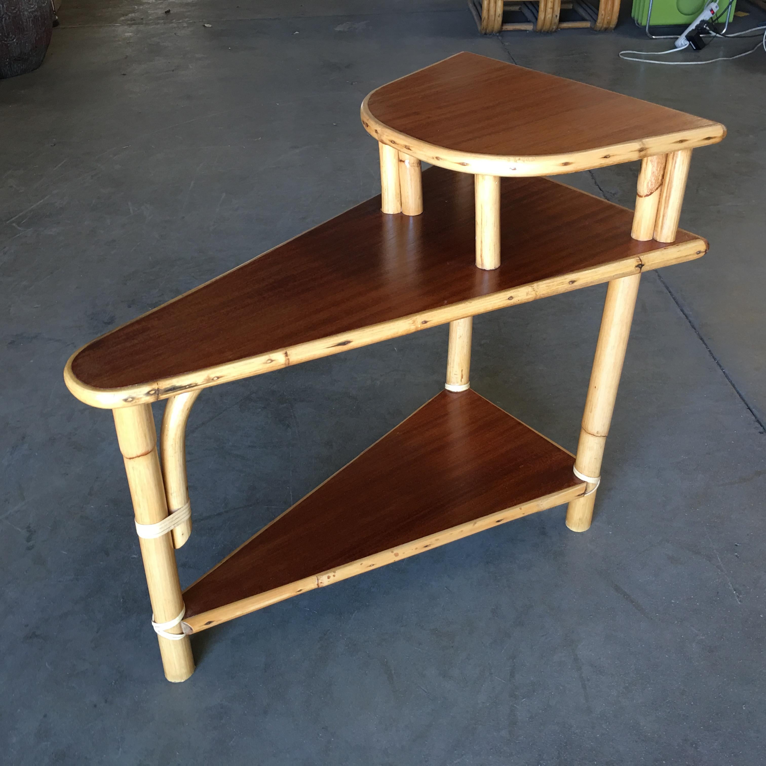 American Restored Triangle Rattan Wedge Table with Two-Tier Mahogany Tops