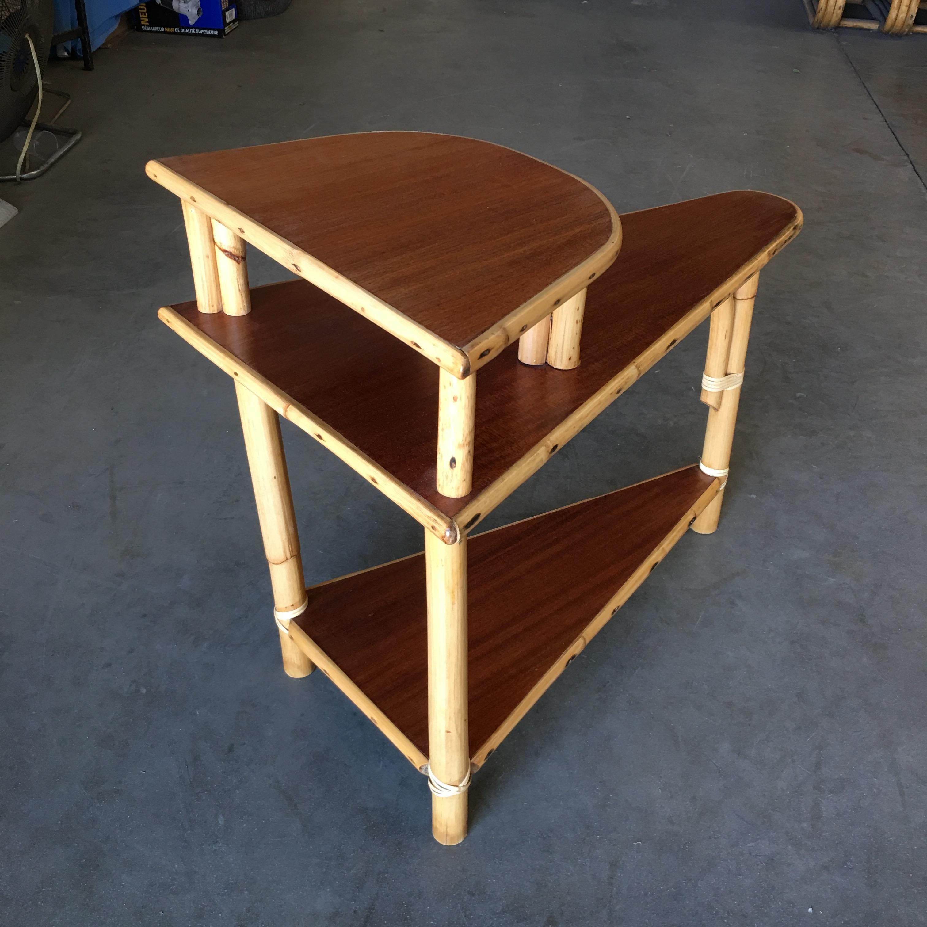 Restored Triangle Rattan Wedge Table with Two-Tier Mahogany Tops In Excellent Condition In Van Nuys, CA