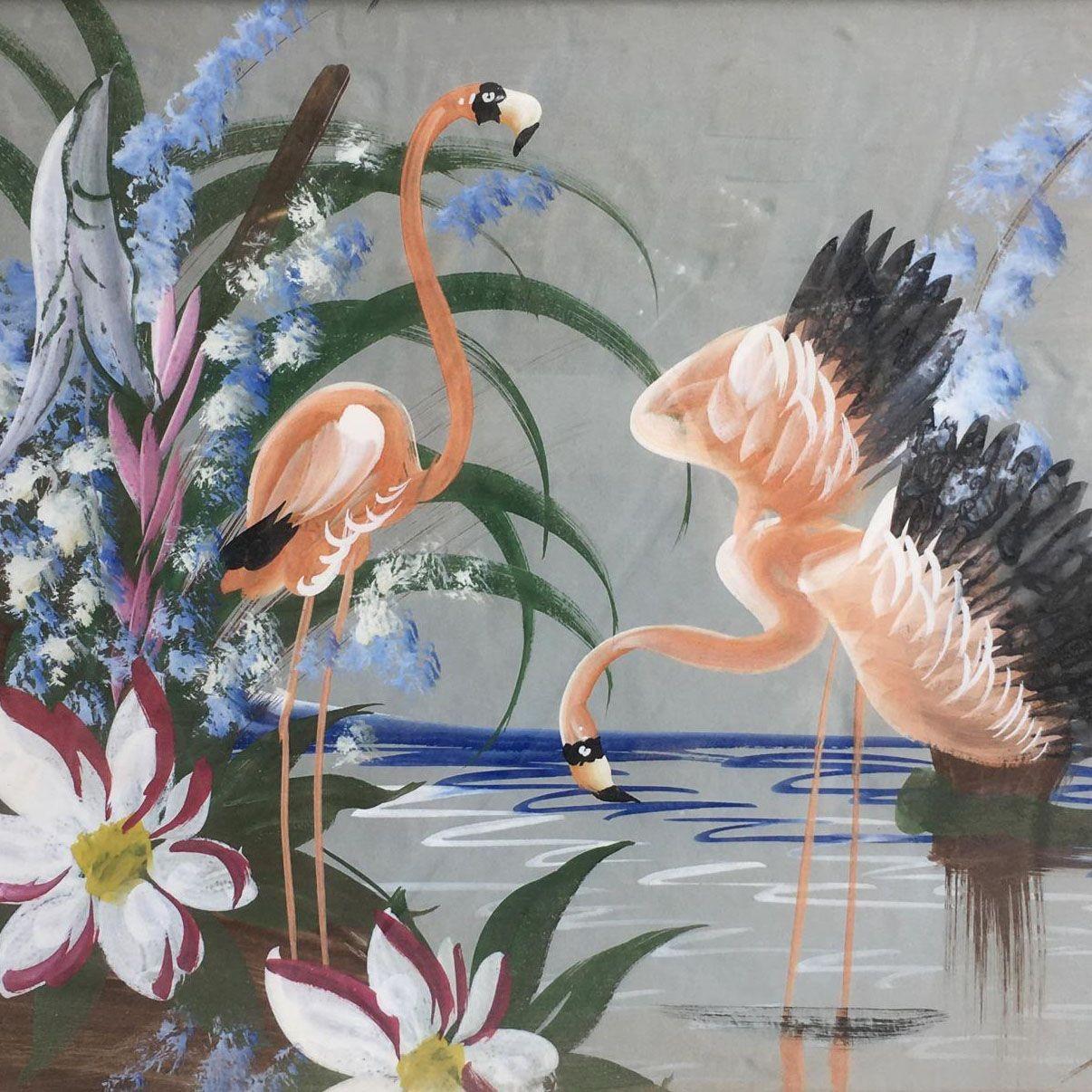 Obra de arte original aerografiada Flamencos (original aerografiado sobre una impresión) para The Turner Company, hacia 1948 en el marco original de madera dura tallada en forma de bambú. Un gran ejemplo del auge del arte/decoración hawaiana y