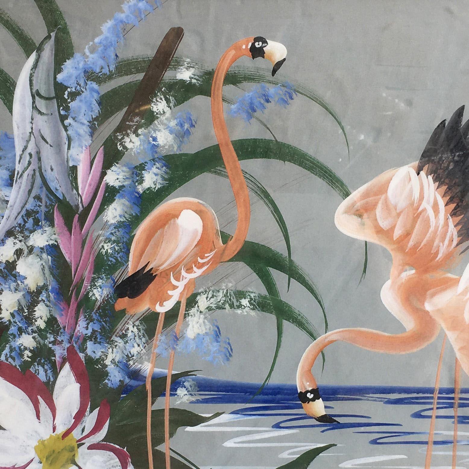 Flamencos tropicales restaurados Acrílico sobre papel en marco original, Sin distribuir Art Decó en venta