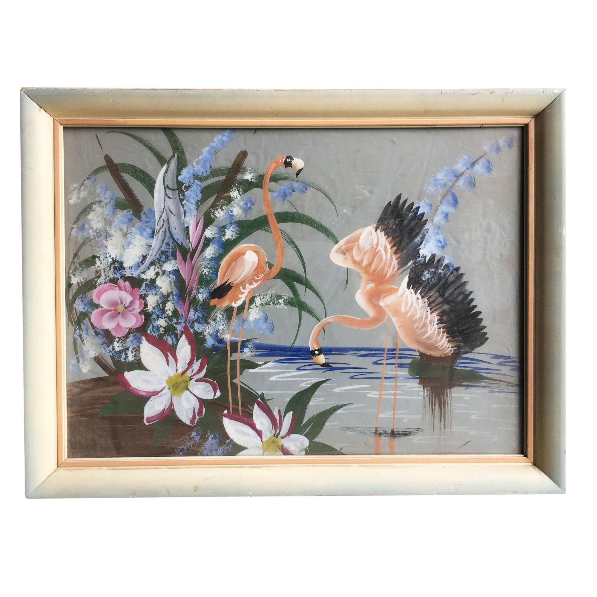 Flamencos tropicales restaurados Acrílico sobre papel en marco original, Sin distribuir en venta