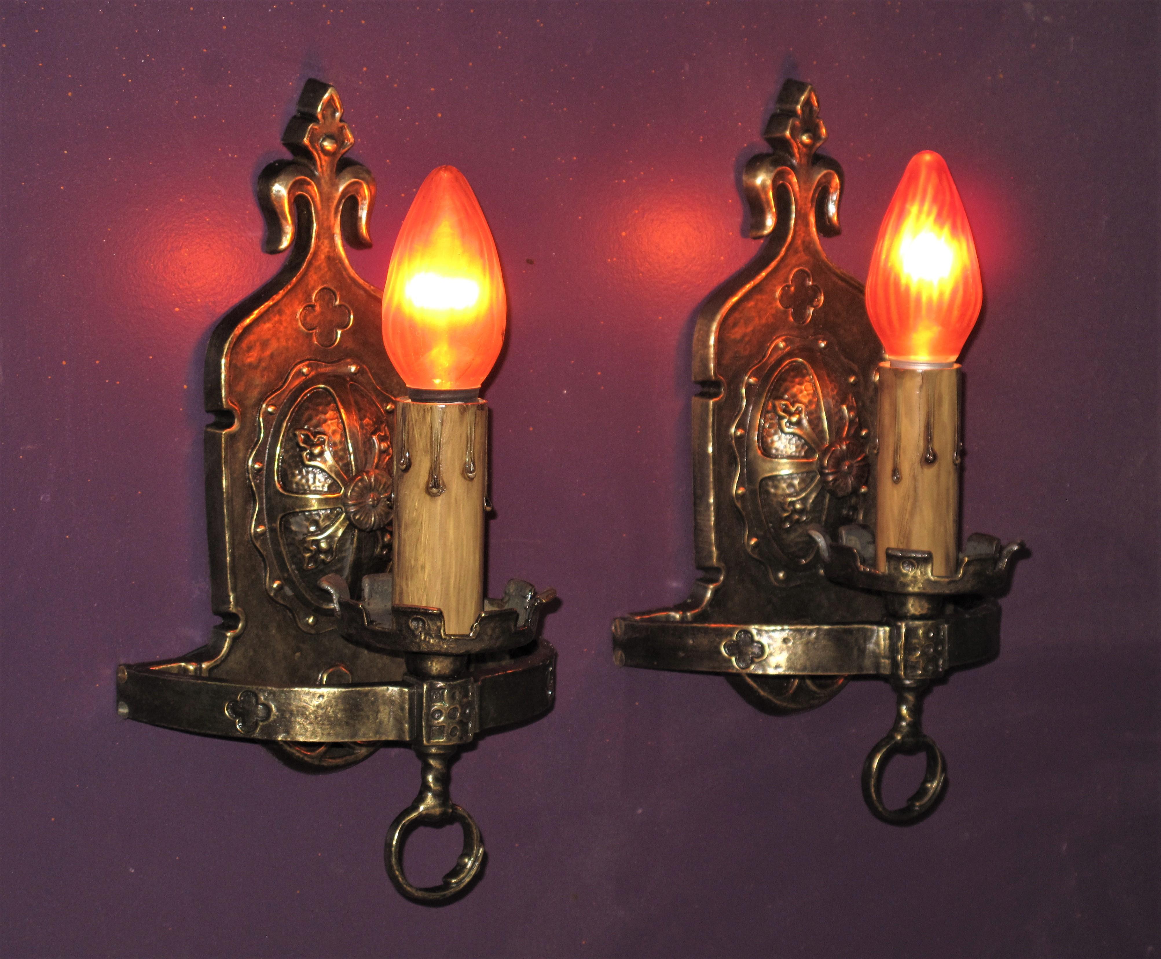 Early 20th Century Four Restored Tudor Revival Sconces, circa 1928, Priced per pair For Sale