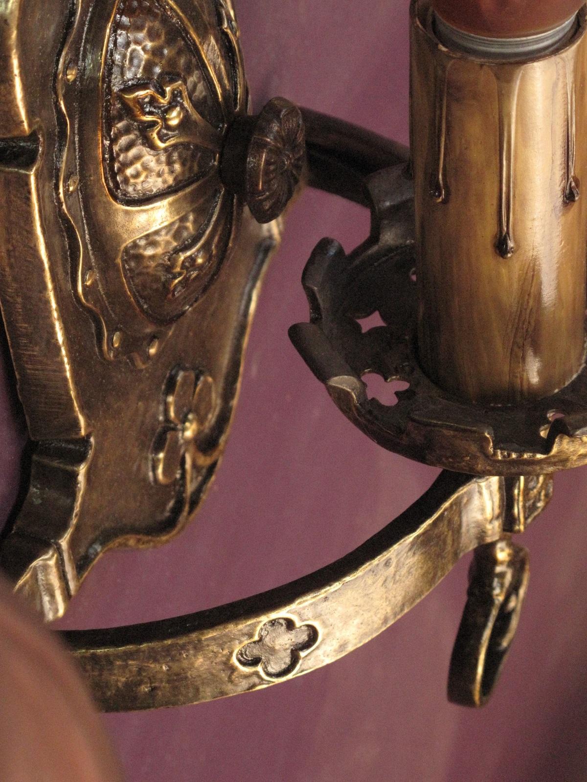 Brass Four Restored Tudor Revival Sconces, circa 1928, Priced per pair For Sale