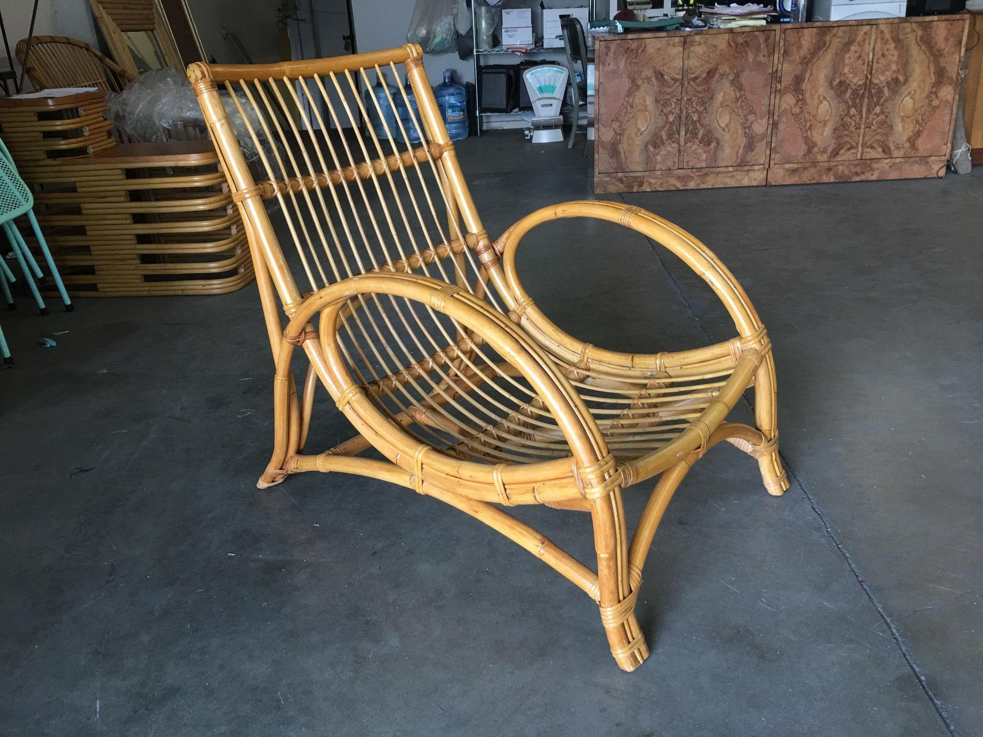 Restored Two-Strand Slope Seat Rattan Chaise Lounge With Ottoman In Excellent Condition For Sale In Van Nuys, CA