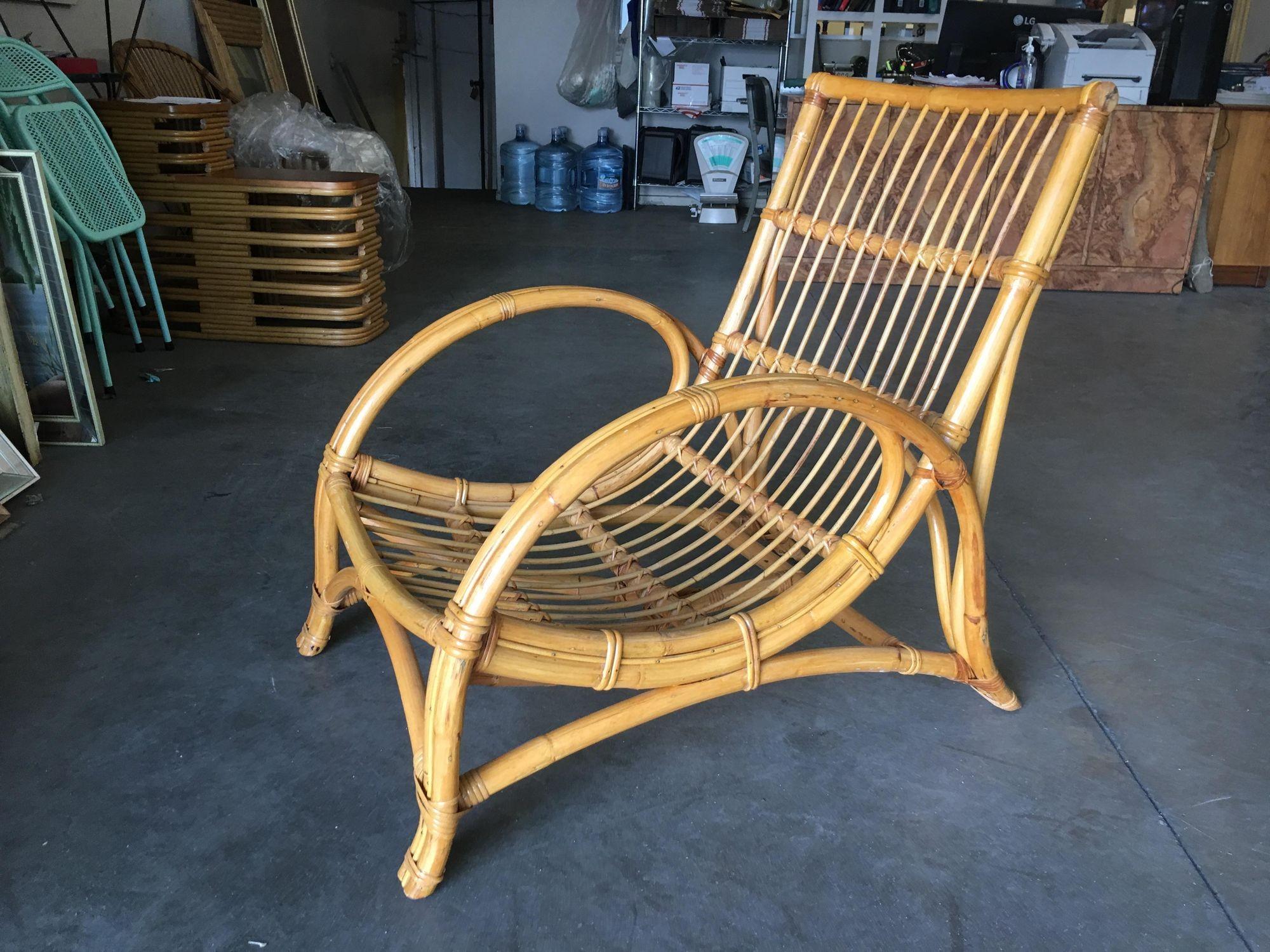 Restored Two-Strand Slope Seat Rattan Chaise Lounge With Ottoman For Sale 1