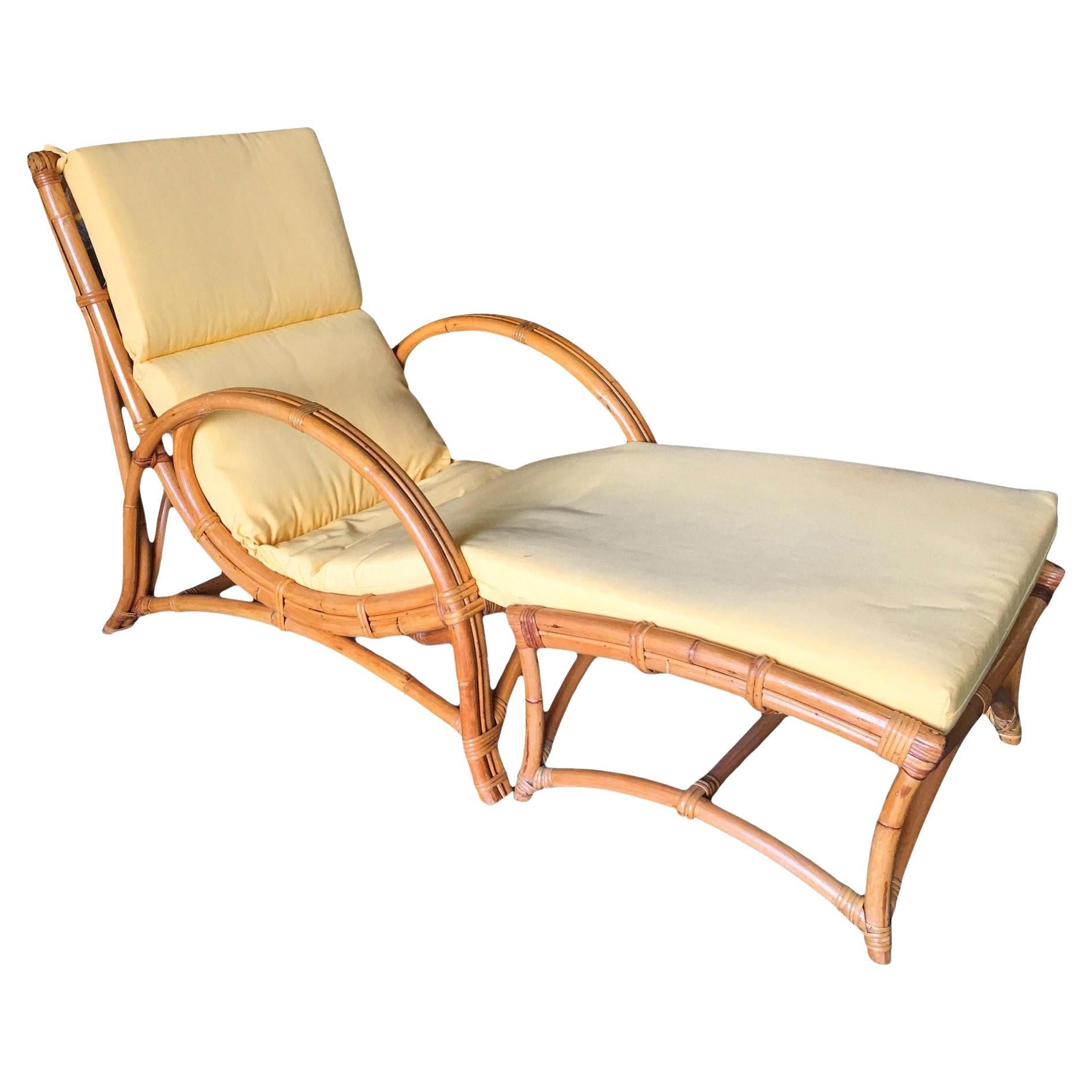 Restored Two-Strand Slope Seat Rattan Chaise Lounge With Ottoman